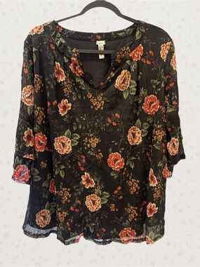 Perseption Black Floral V-Neck Ruffle Sleeve Blouse